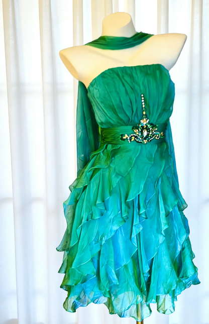 Vintage Stunning A Line Strapless Beaded Layered Ruffle Chiffon Short Homecoming Dress DP4723