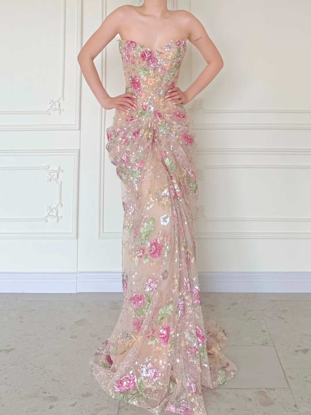 Luxurious Mermaid Strapless Floral Sequin Tulle Long Prom Dress Evening Dress DP5473