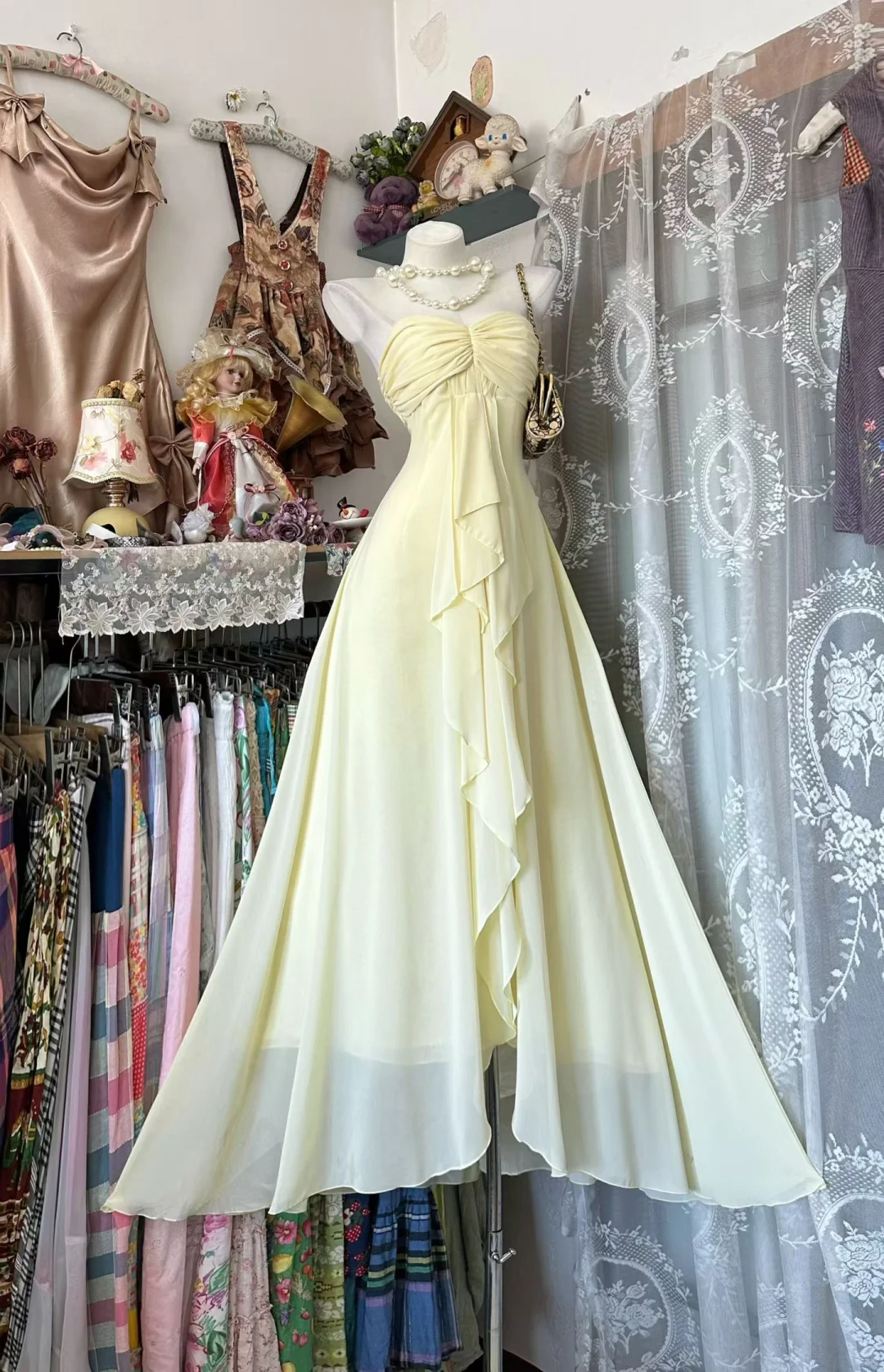 Vintage Light Yellow A Line Sweetheart Neck Ruffle Chiffon Prom Dress Evening Dress DP5247
