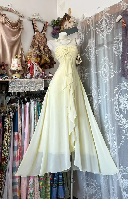 Vintage Light Yellow A Line Sweetheart Neck Ruffle Chiffon Prom Dress Evening Dress DP5247