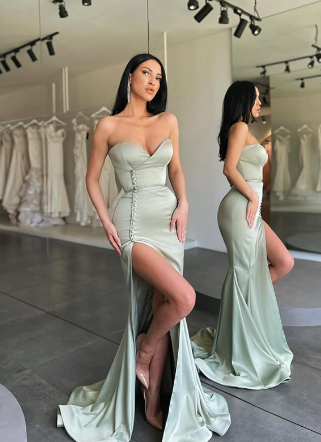 Light Sage Green Mermaid Sweetheart Neck Satin Slit Prom Dress Evening Dress DP5399