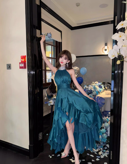 Slate Blue A Line Halter Beaded Ruffle Satin Prom Dress Evening Dress Formal Dress DP3160