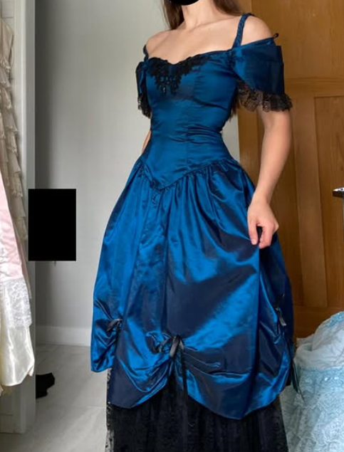 Vintage A Line Blue Satin Black Lace Prom Dress Evening Dress DP5637