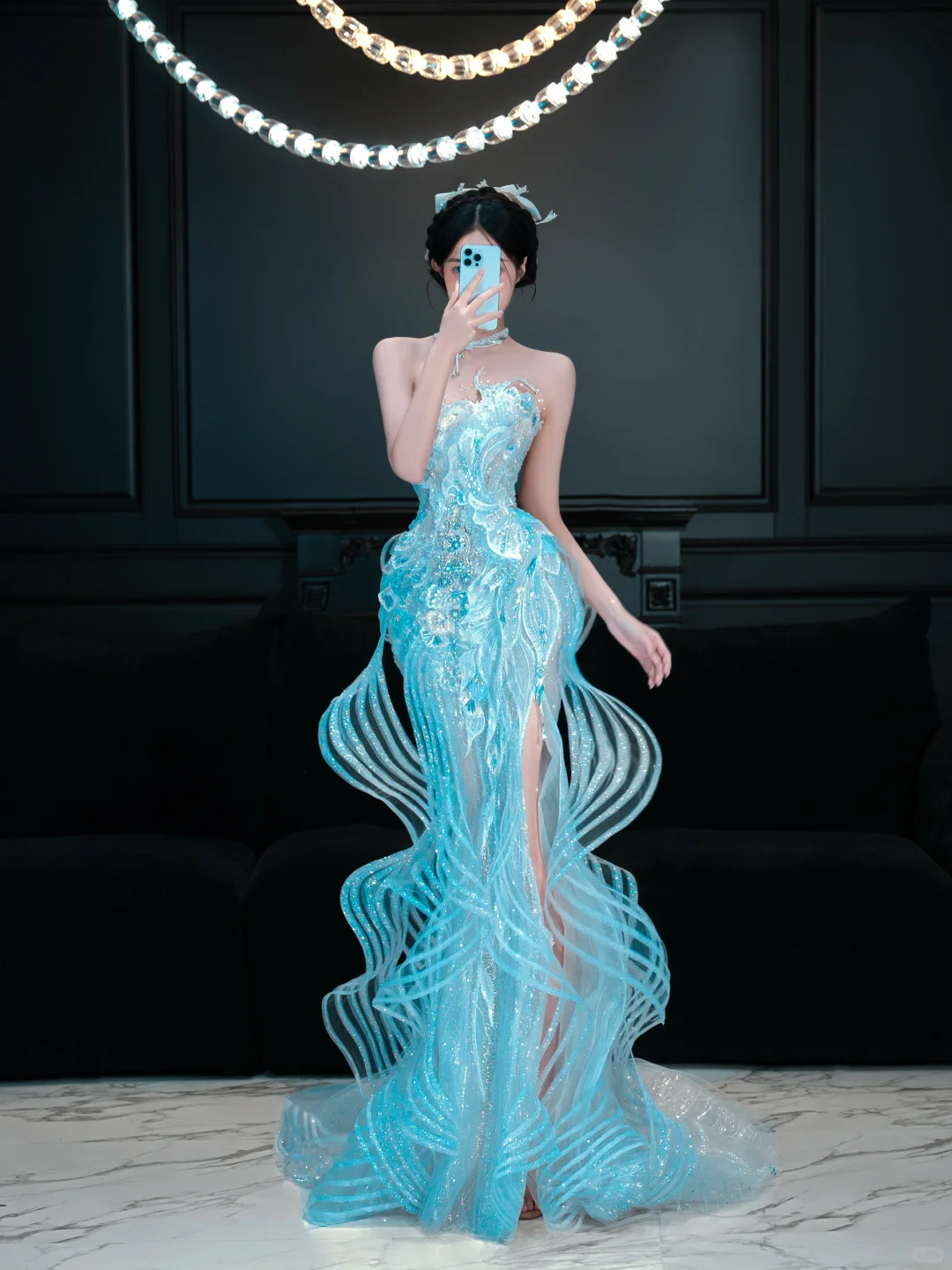 Blue Mermaid Strapless Beaded Sequin Tulle Prom Dress DP4295