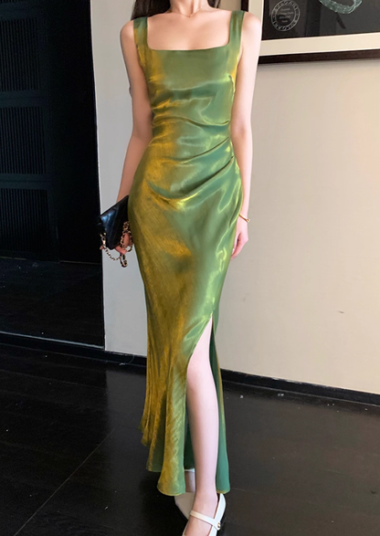 Stunning Green Mermaid Straps Pleated Satin Prom Dress Formal Dress Evening Dress DP3453