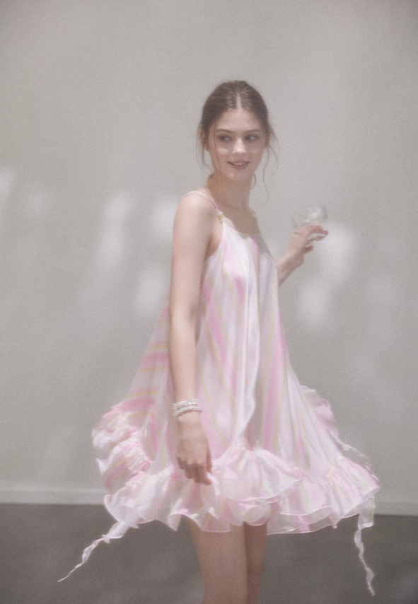 Cute Pink Stripe A Line Spaghetti Strap Satin Short Homecoming Dress Vacation Dress DP3648