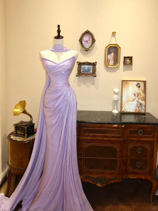 Purple Simple Mermaid Sweetheart Neck Pleated Satin Prom Dress Evening Dress DP2815