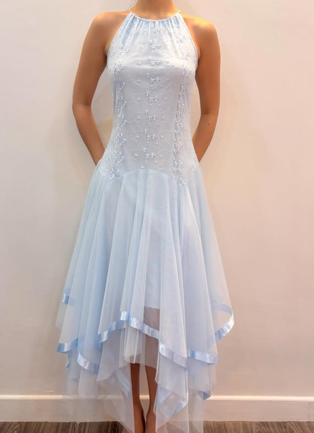 Vintage Baby Blue A Line Halter Embroidery Tulle Prom Dress Evening Dress Date Dress DP5288