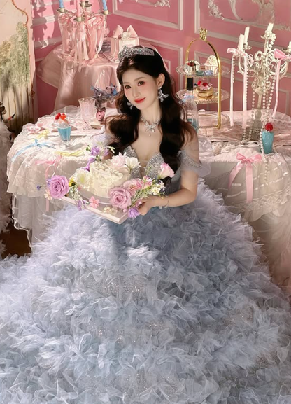 Stunning Blue Ball Gown Off the Shoulder Beaded Tulle Long Prom Dress DP4609
