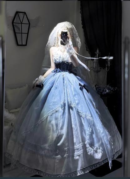 Stunning Blue Bow A Line Lace Tulle Lolita Goth Boning Dress Prom Dress DP4505
