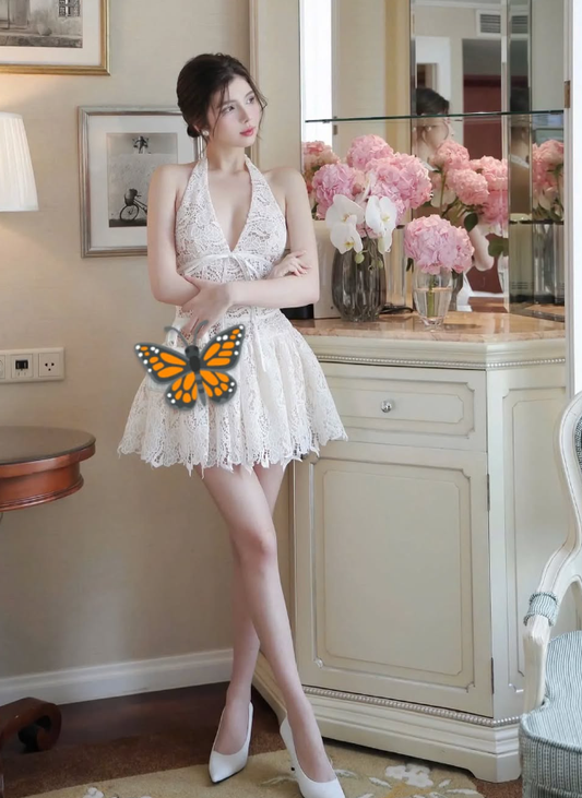 Cute A Line Halter White Lace Open Back Short Homecoming Dress Birthday Dress DP1553