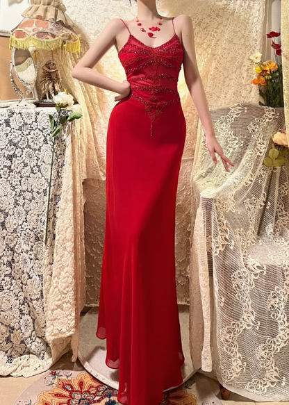 Charming A Line Spaghetti Strap Beaded Red Chiffon Long Prom Dress Wedding Guest Dress DP4277