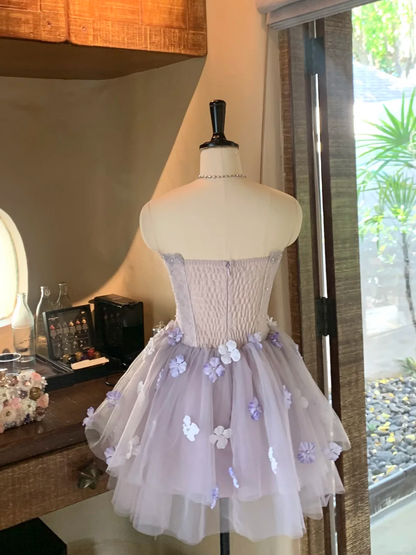 Dreamy Purple A Line Strapless Floral Tulle Short Prom Dress Homecoming Dress DP5460