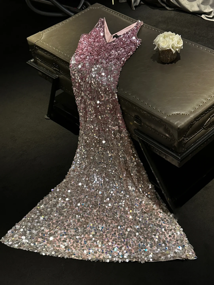 Stunning A Line V Neck Pink Silver Sequin Long Prom Dress Graduation Prom Dress DP2038