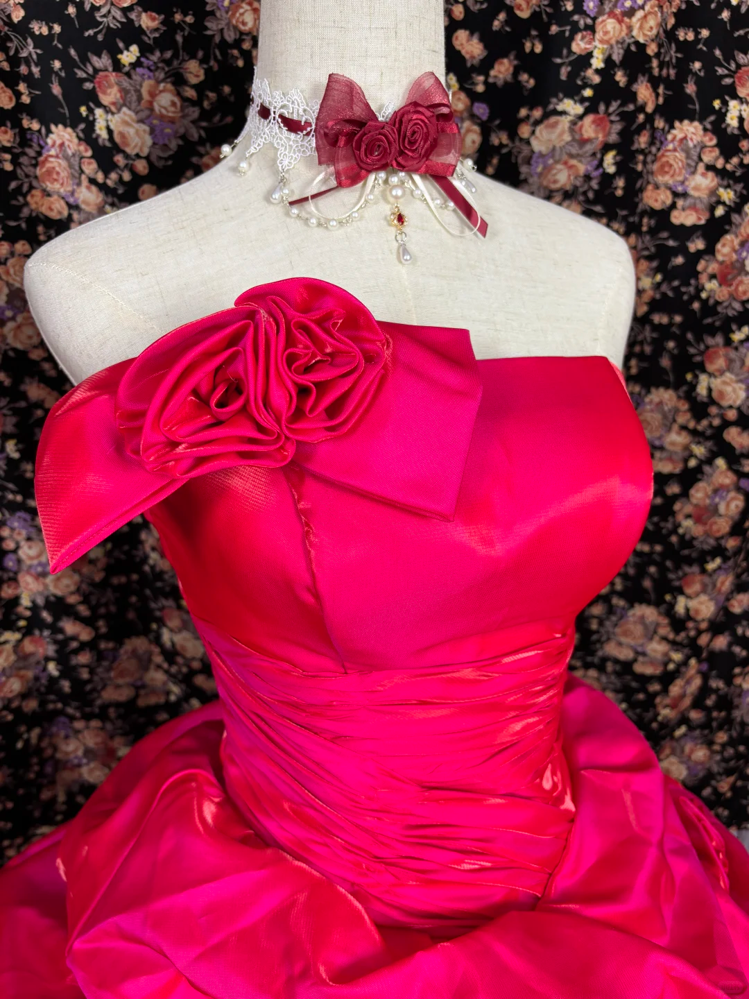 Vintage Hot Pink Ball Gown Strapless Pleated Satin Prom Dress Sweet 16 Dress DP5656