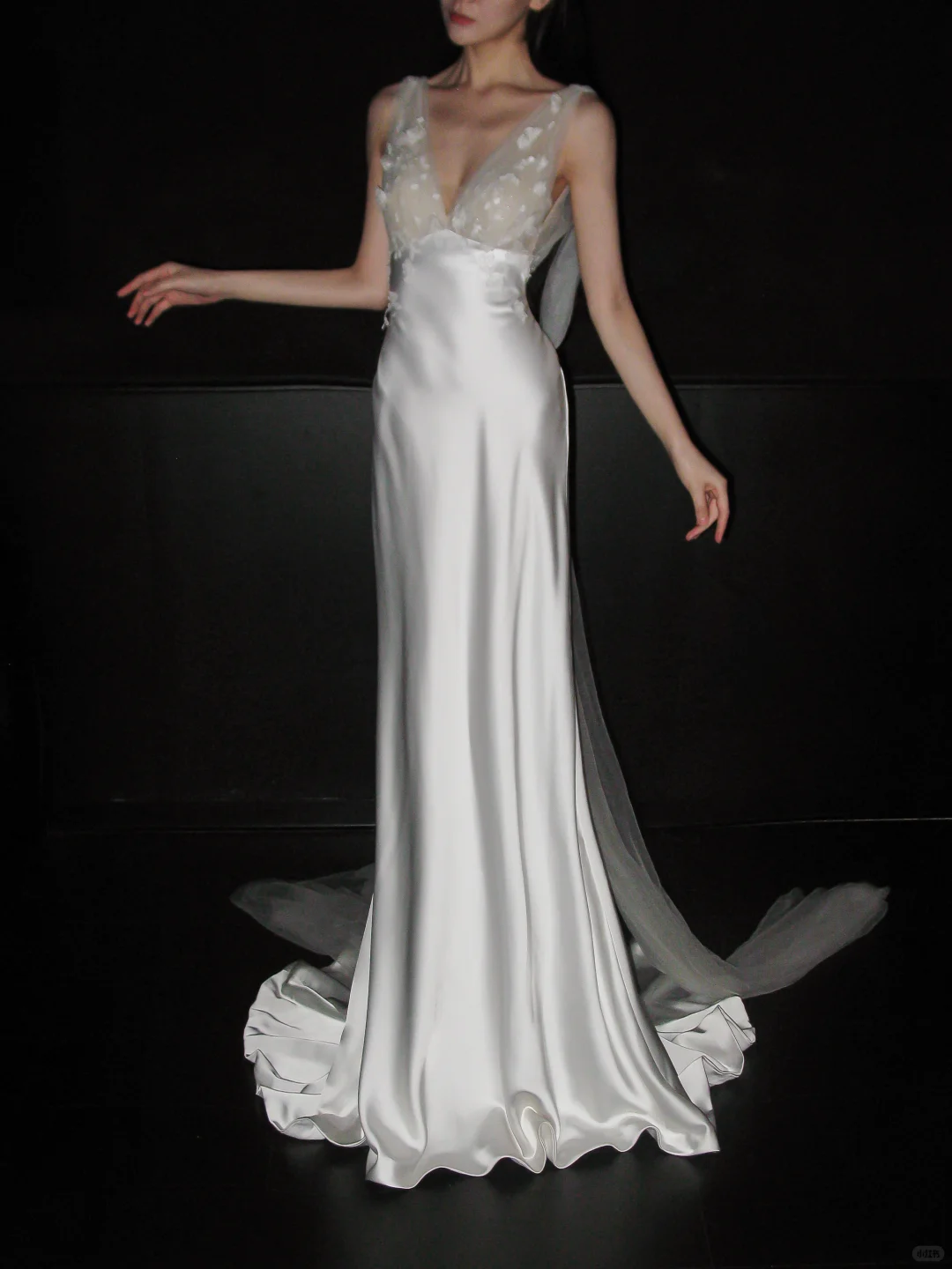 Romantic A Line V Neck 3D Floral Satin Tulle Long Wedding Dress DP5793