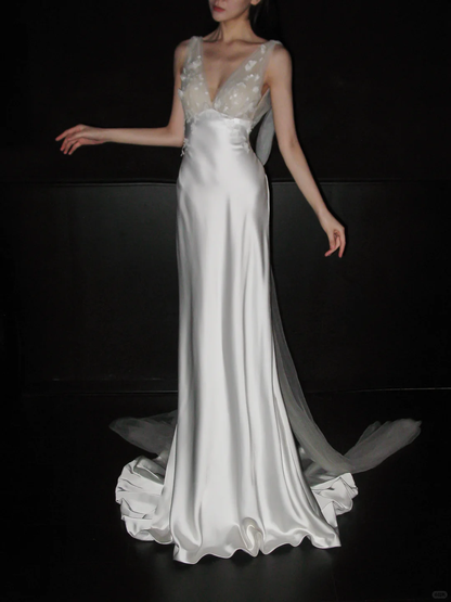 Romantic A Line V Neck 3D Floral Satin Tulle Long Wedding Dress DP5793