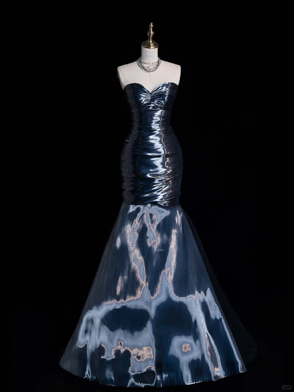 Unique Mermaid Sweetheart Neck Dark Blue Tulle Long Prom Dress Graduation Prom Dress DP2013