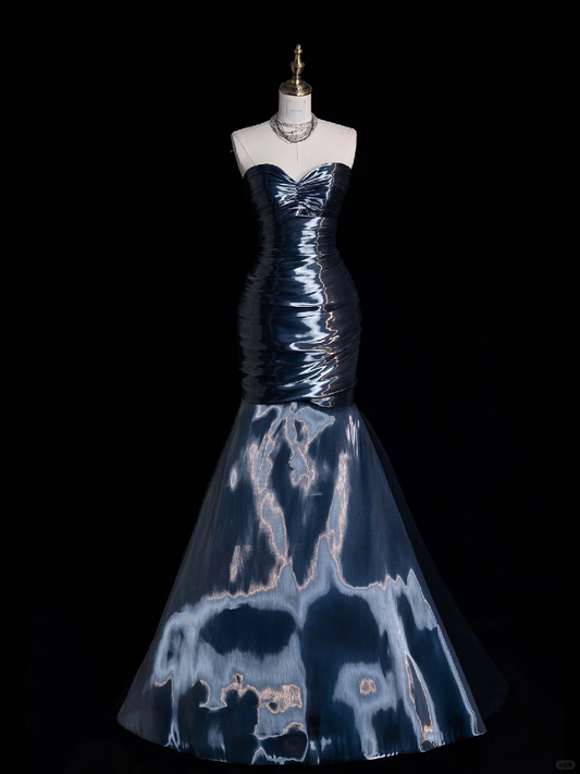 Unique Mermaid Sweetheart Neck Dark Blue Tulle Long Prom Dress Graduation Prom Dress DP2013