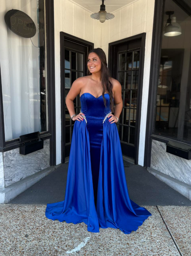 Royal Blue A Line Sweetheart Neck Beaded Velvet Satin Long Prom Dress Evening Dress DP6267