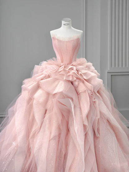 Elegant A Line Strapless Tiered Pink Tulle Long Prom Dress Evening Dress DP1957