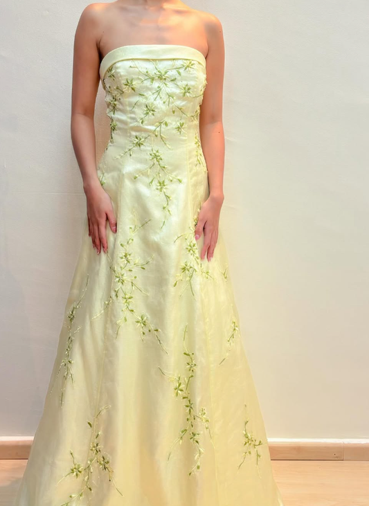 Elegant A Line Strapless Embroidery Light Yellow Satin Prom Dress Evening Dress DP1641