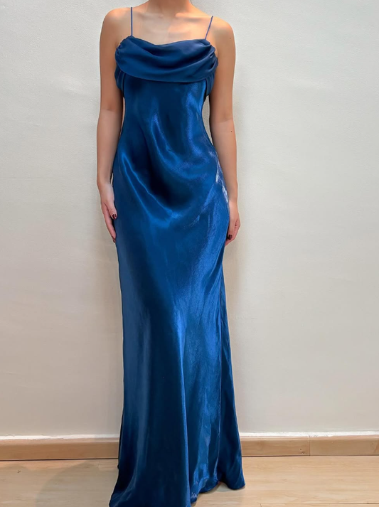 Simple Vintage Sheath Spaghetti Strap Blue Satin Prom Dress Evening Dress DP1667