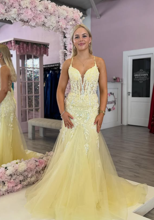 Yellow Mermaid Spaghetti Strap Applique Tulle Long Prom Dress Evening Dress DP6337