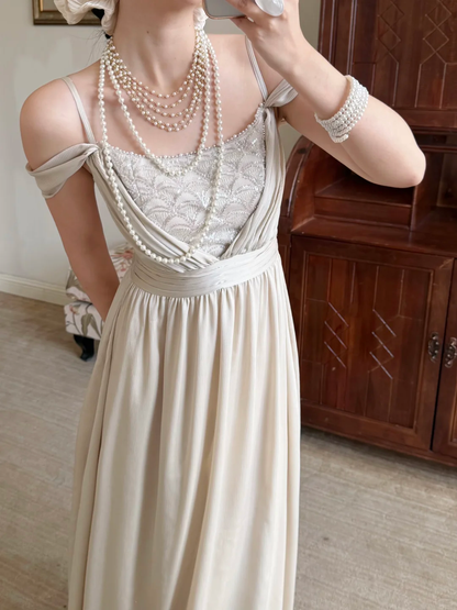 Pretty A Line Spaghetti Straps Beaded Satin Long Prom Dress Evening Dress DP6790