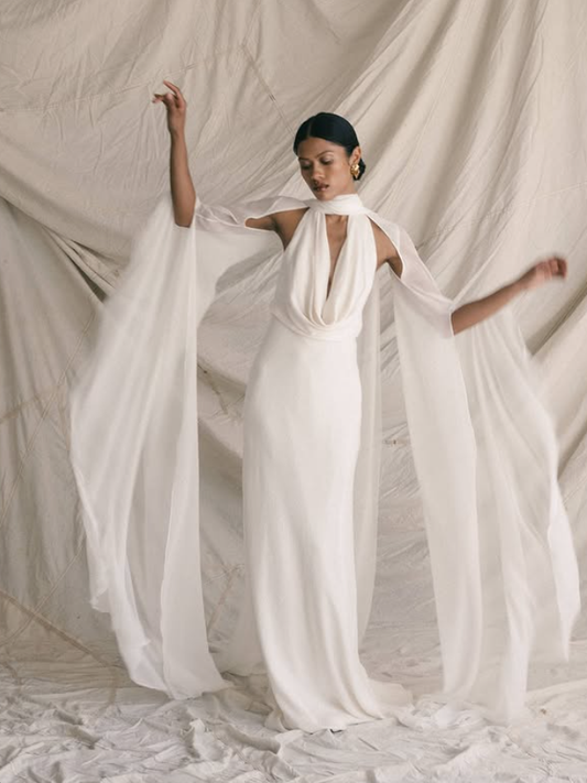 Flowy White Sheath Long Sleeve V Neck Chiffon Wedding Dress Prom Dress DP3659