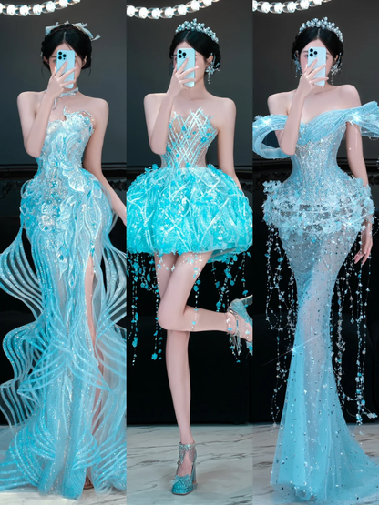 Blue Mermaid Off the Shoulder Beaded Sequin Tulle Prom Dress DP4296