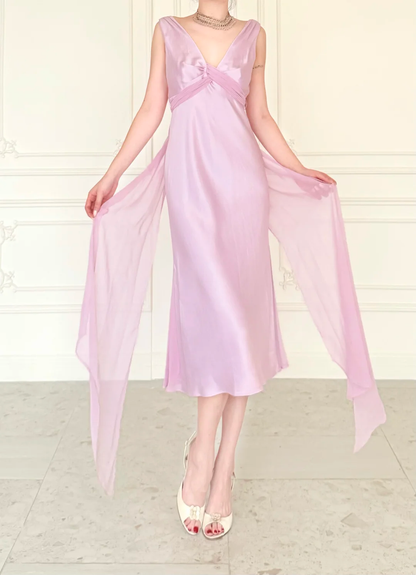 Gentle Light Purple A Line V Neck Chiffon Satin Prom Dress Evening Dress DP6442