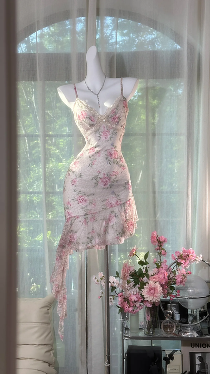 Vintage Sheath Straps Print Floral Lace Ruffle Short Homecoming Dress Outfits DP4950