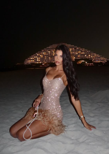 Sexy Sheath Spaghetti Strap Feather Sequin Short Homecoming Dress Outfits DP4690