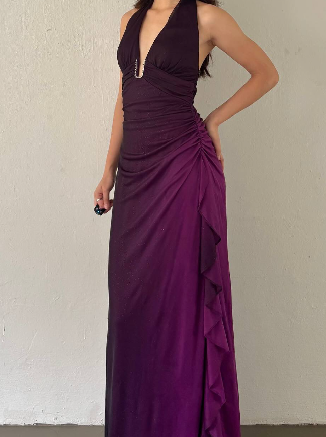 Retro Grape Purple Ombre Halter Chiffon Party Dress Evening Dress DP2870