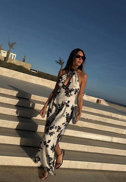 Sexy Sheath Halter Black Print Floral White Satin Prom Dress Party Dress DP4783