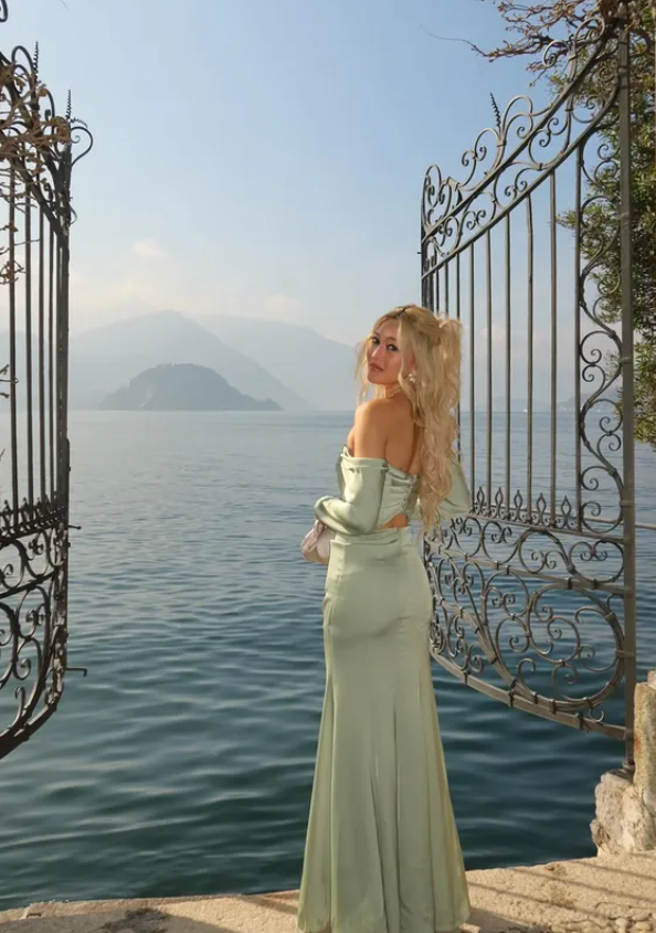 Sage Green A Line Long Sleeve Satin Slit Long Prom Dress Party Dress DP5804