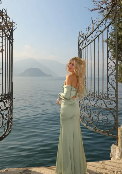 Sage Green A Line Long Sleeve Satin Slit Long Prom Dress Party Dress DP5804
