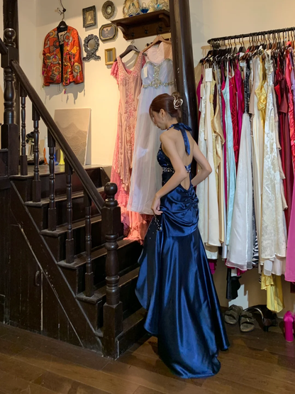 Vintage Mermaid Halter Rhinestone Blue Satin Open Back Long Sweep Party Dress Evening Dress DP2431