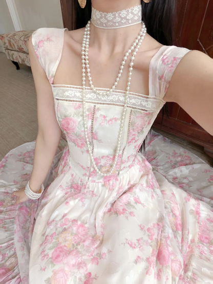 Sweety Pink Print Floral A Line Straps Chiffon Prom Dress Evening Dress DP6454