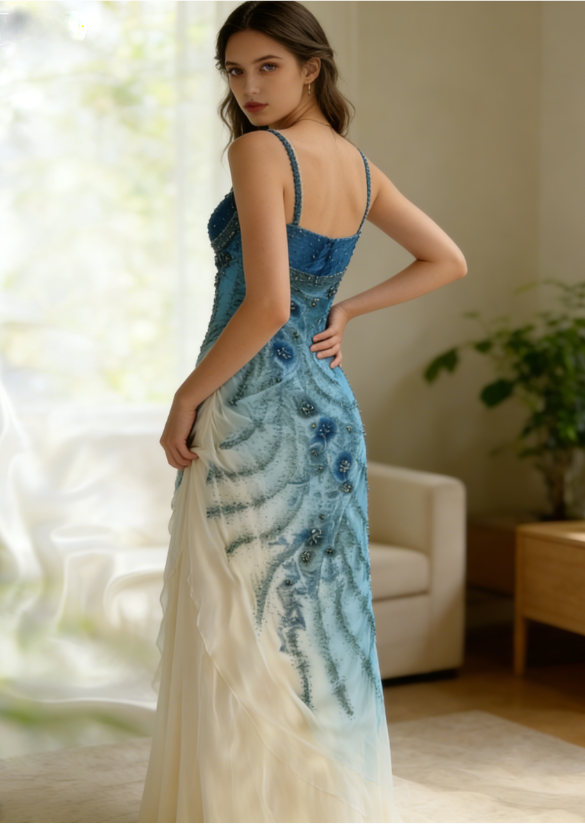 Exquisite Retro Blue Ombre Beaded Flower Chiffon Long Party Dress Date Dress DP2933