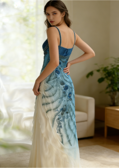 Exquisite Retro Blue Ombre Beaded Flower Chiffon Long Party Dress Date Dress DP2933