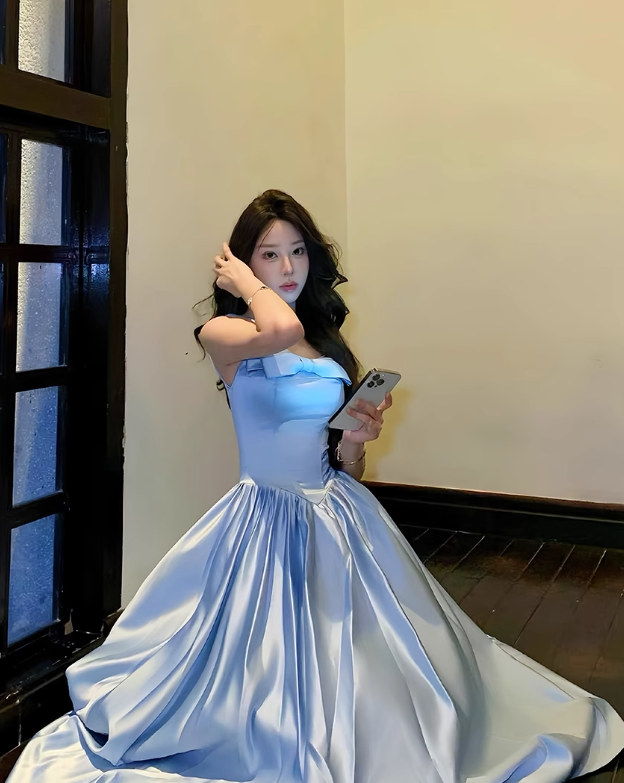 Blue Bow Simple A Line Straps Satin Prom Dress Evening Dress Formal Dress DP3159