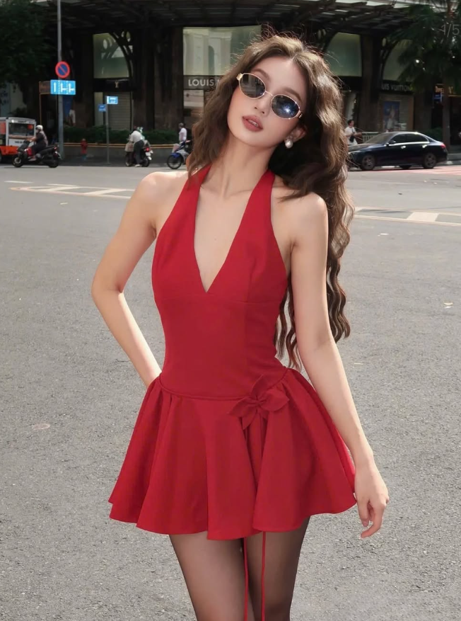 Cute A Line Halter V Neck Red Satin Short Open Back Homecoming Dress Outfits DP1560
