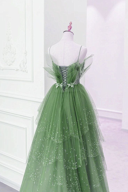 Shiny Green Layers Tulle Straps Beaded Long Party Dress Formal Prom Evening Dress DP702