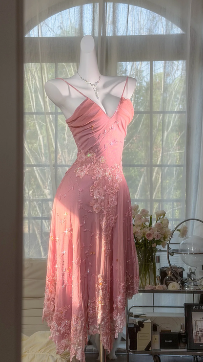 Sweety Vintage Pink Appliques Beaded Chiffon Short Prom Dress Homecoming Dress DP4947