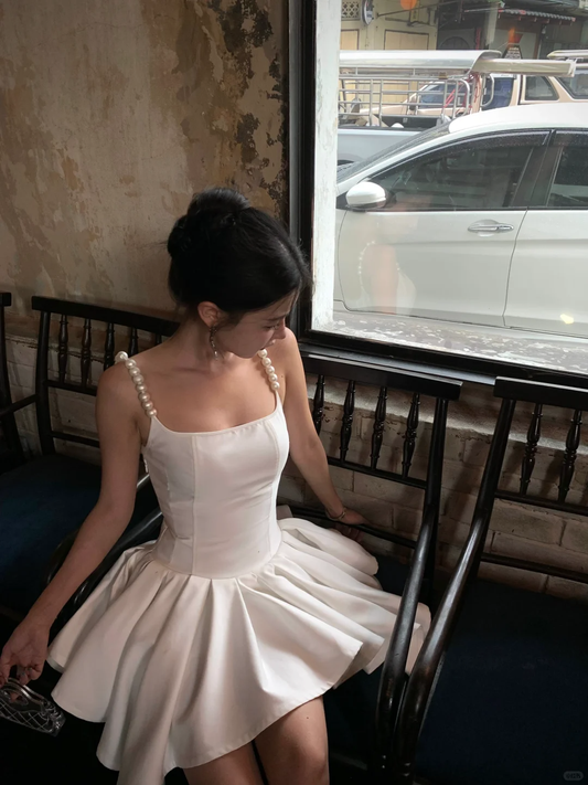 Elegant A Line Straps Pearl White Satin Short Homecoming Dress Cocktail Dress DP2718