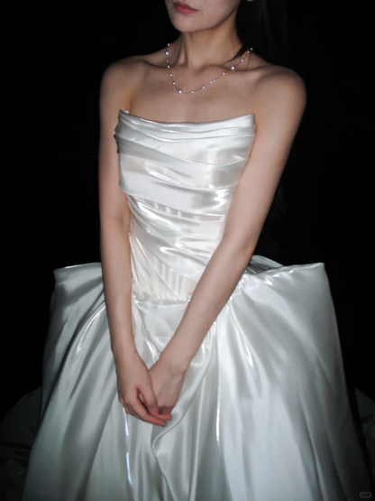 Pretty Ball Gown Strapless Corset Pleated White Satin Long Wedding Dress DP8093