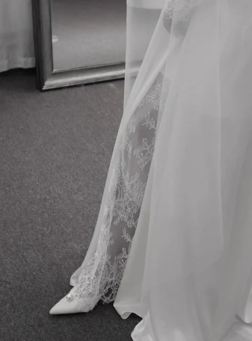 Classic A Line Off the Shoulder Lace White Satin Wedding Dress with Slit DP4356