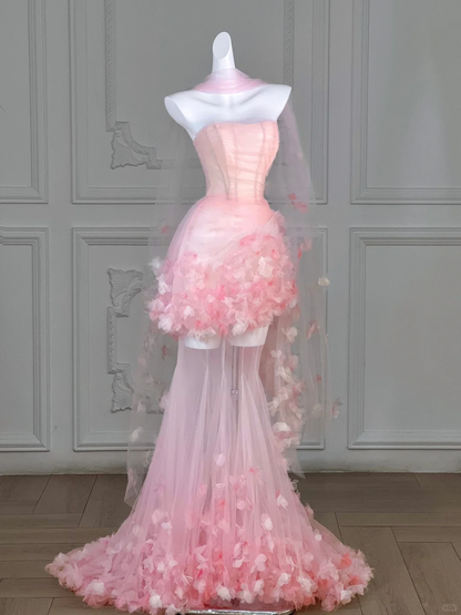 Pink Mermaid Strapless 3D Flower Corset Tulle Long Party Dress Evening Dress DP2593